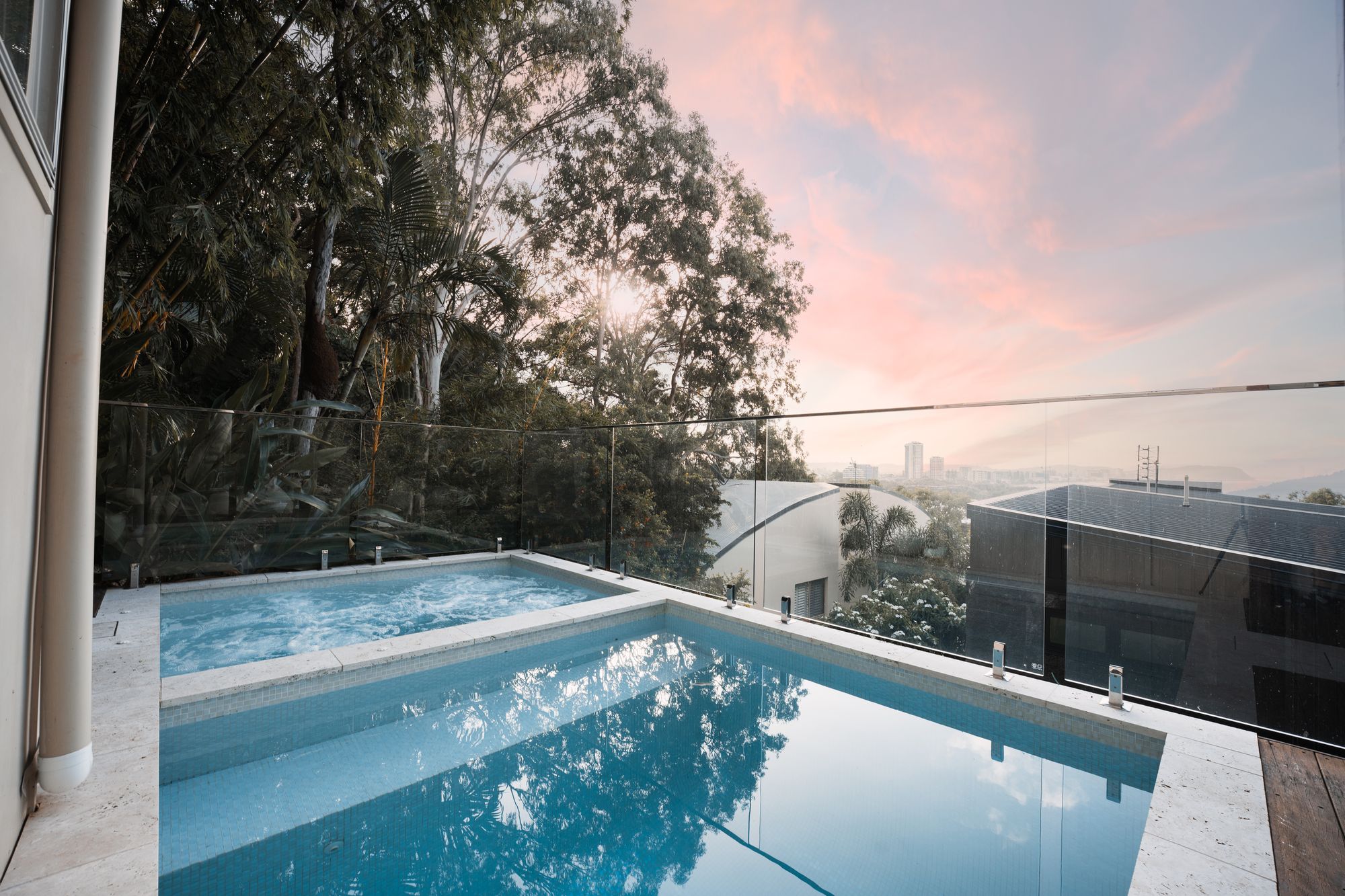 Pool and spa at dusk